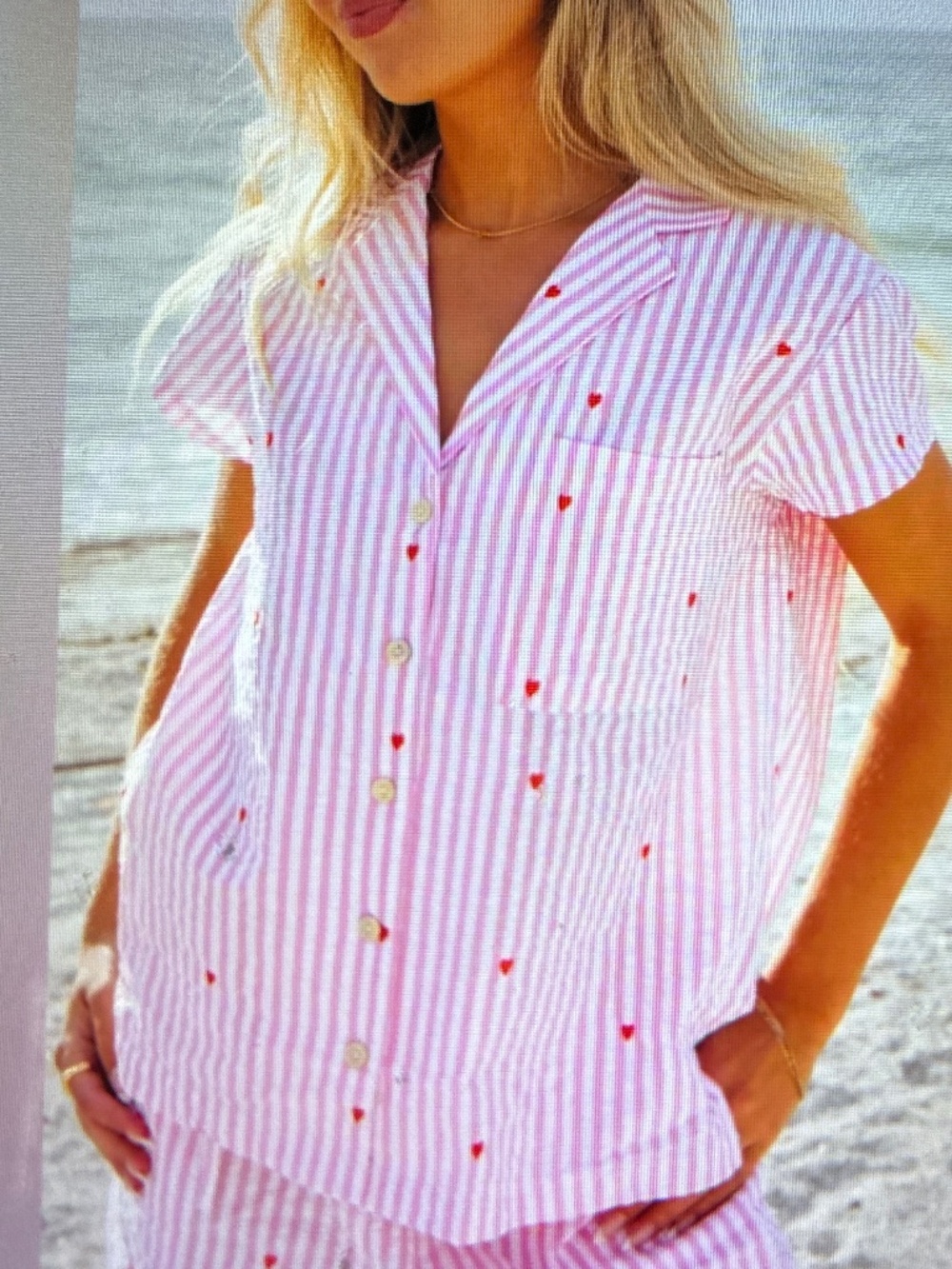 Starfit Shorts Pajama Set Pink/White Striped Red Hearts